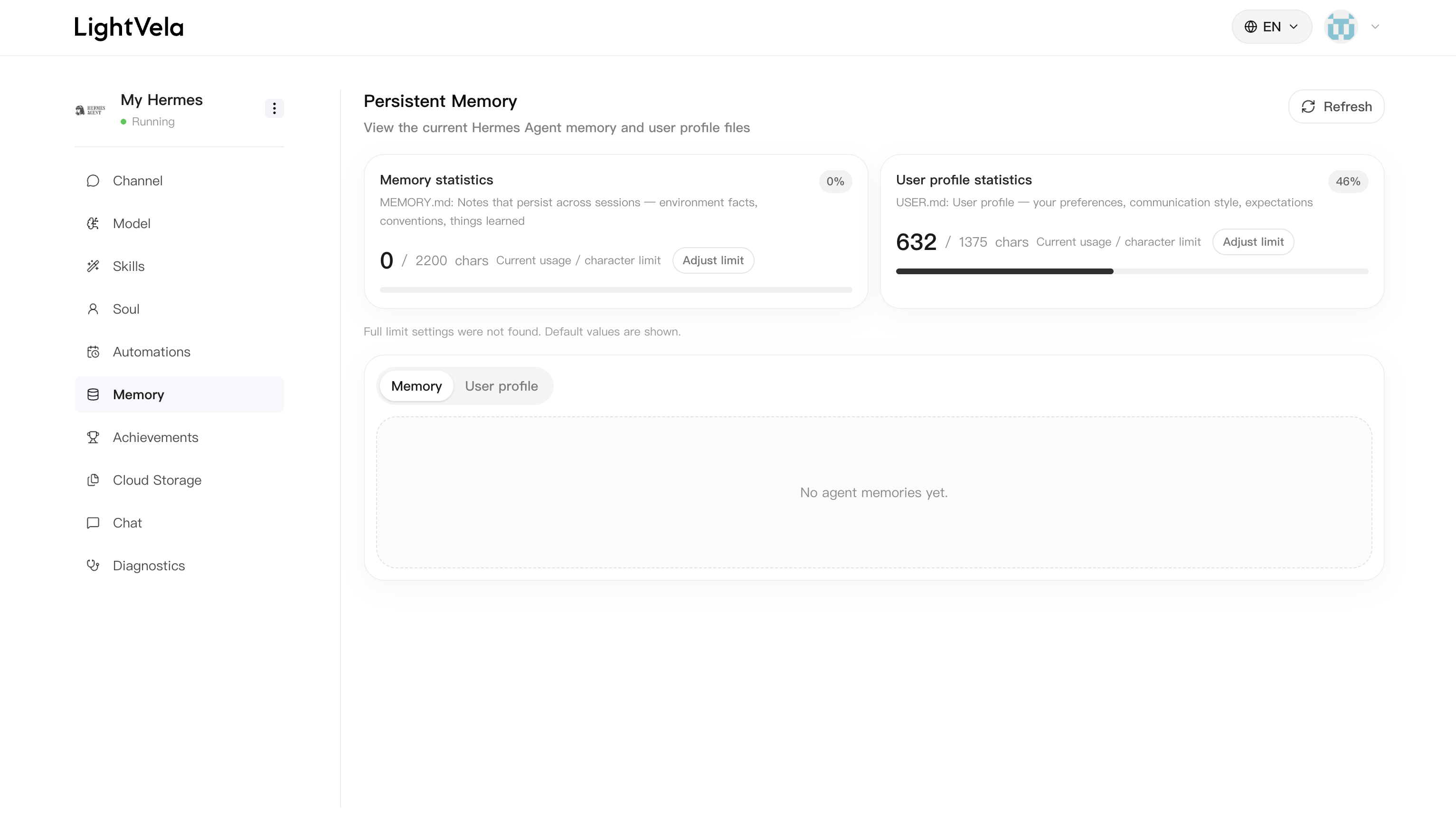 Halaman Memory dan User Profile di konsol LightVela