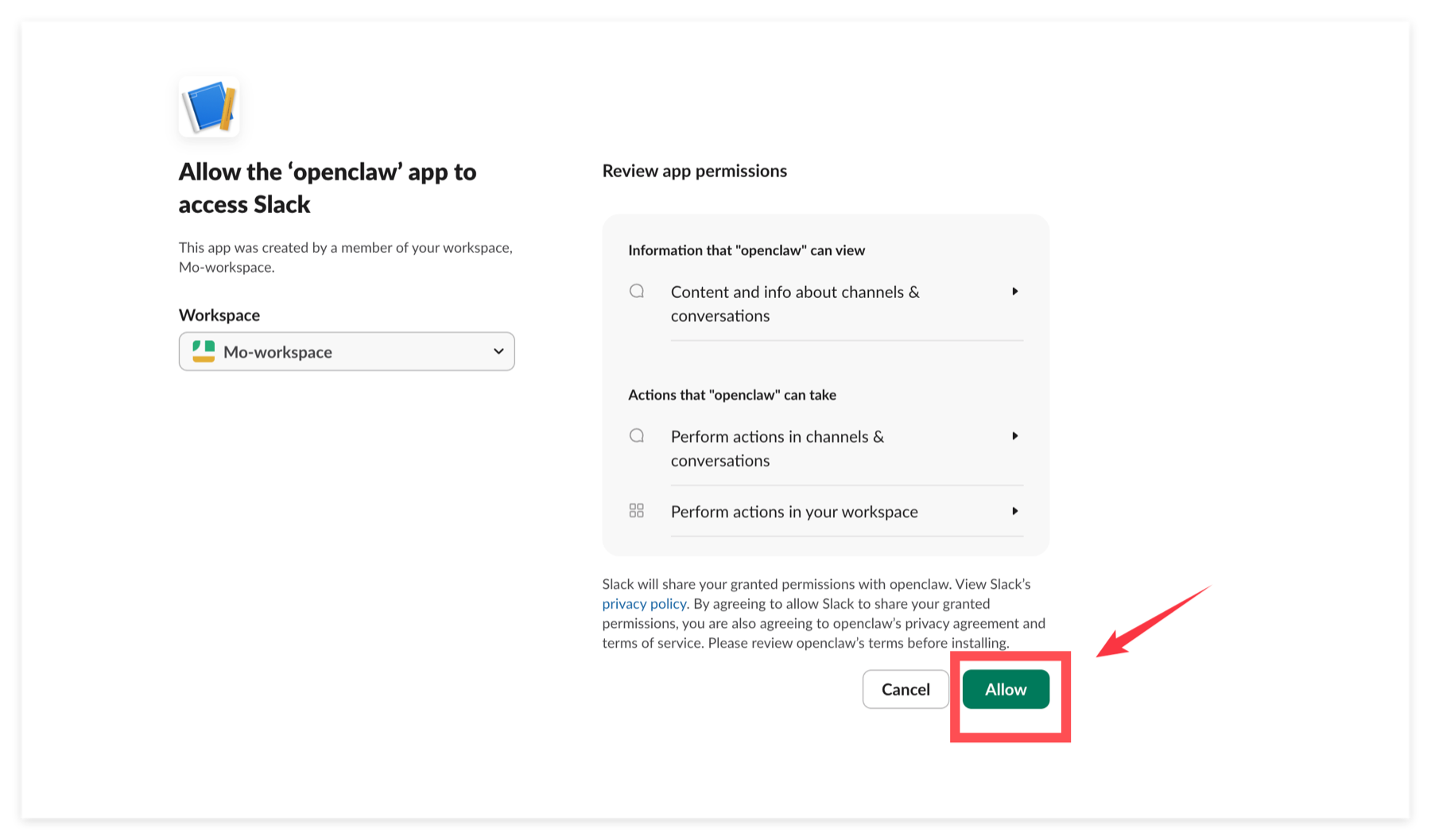 Authorize the Slack app permissions