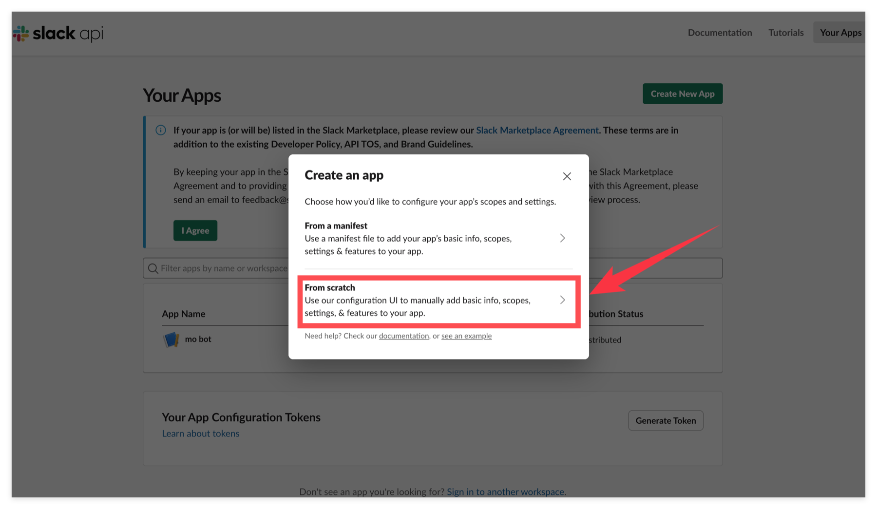 Select From scratch to create the Slack app