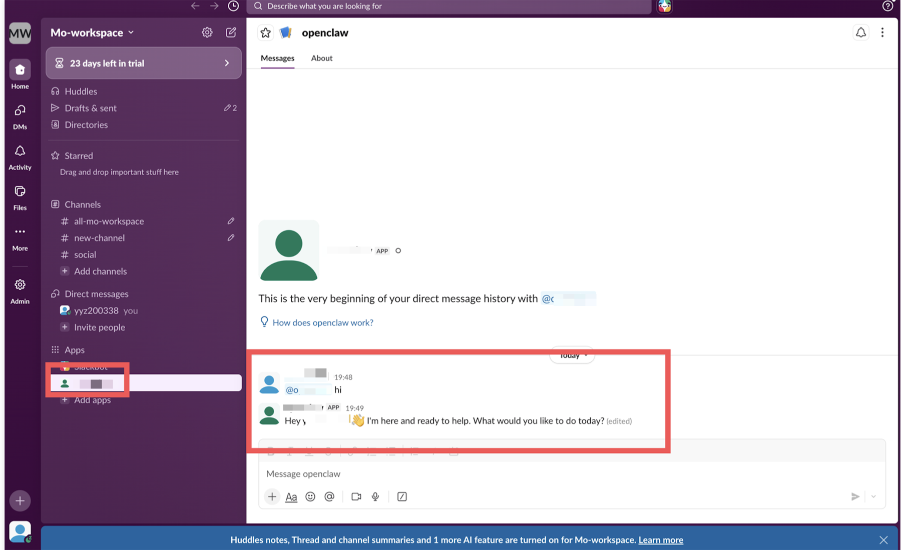 Test a direct message in Slack App Home