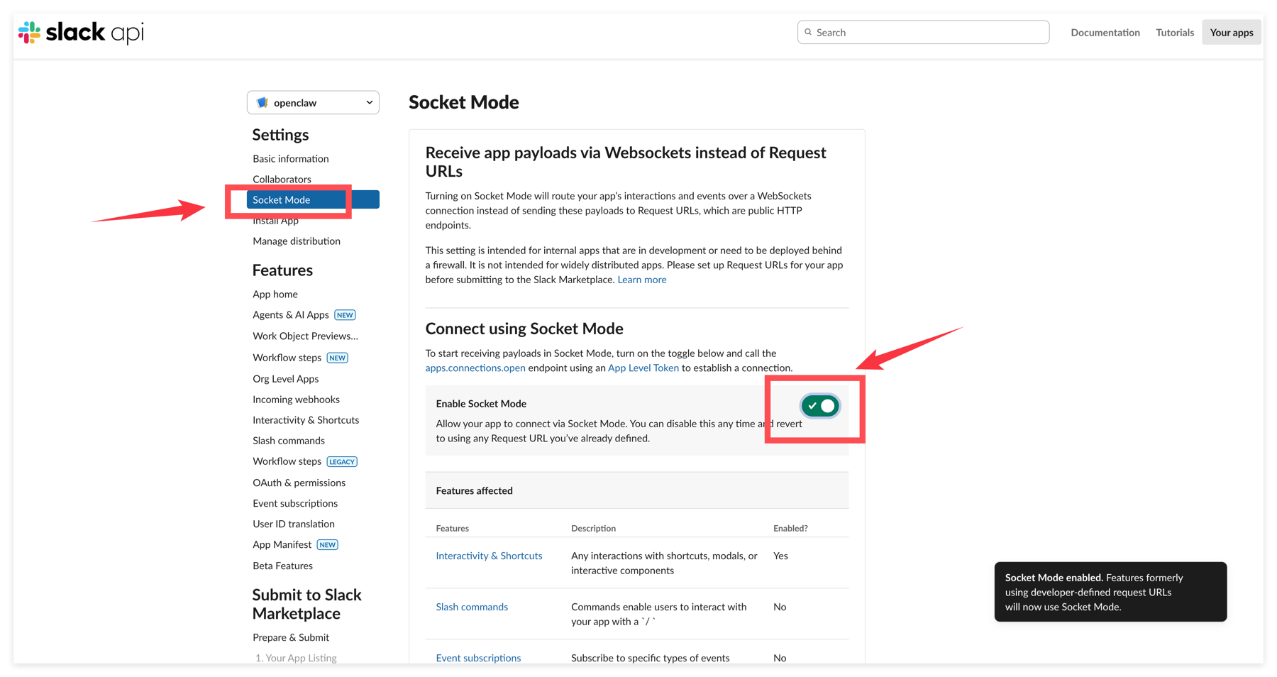Enable Slack Socket Mode