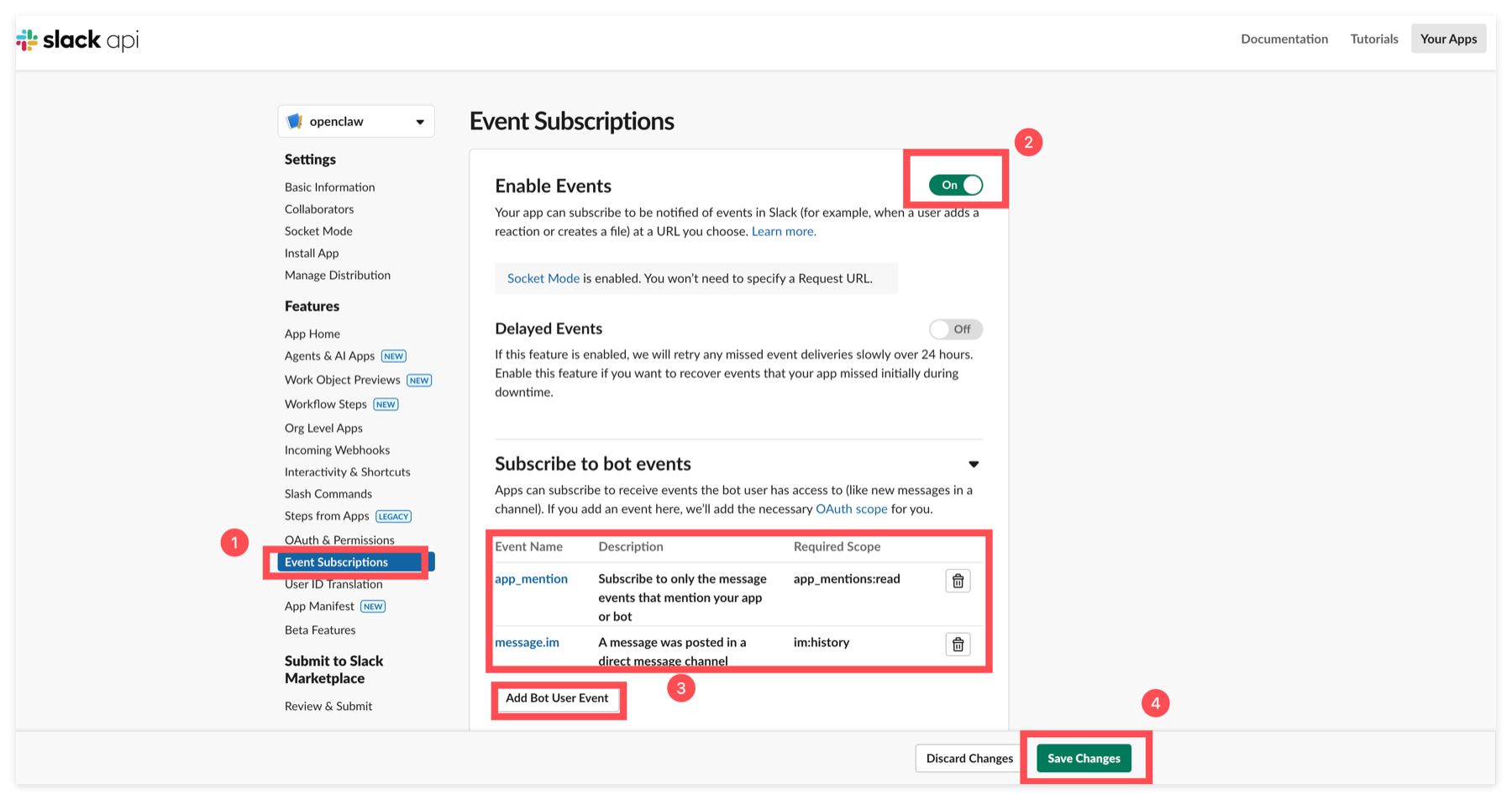 Configure Slack bot event subscriptions