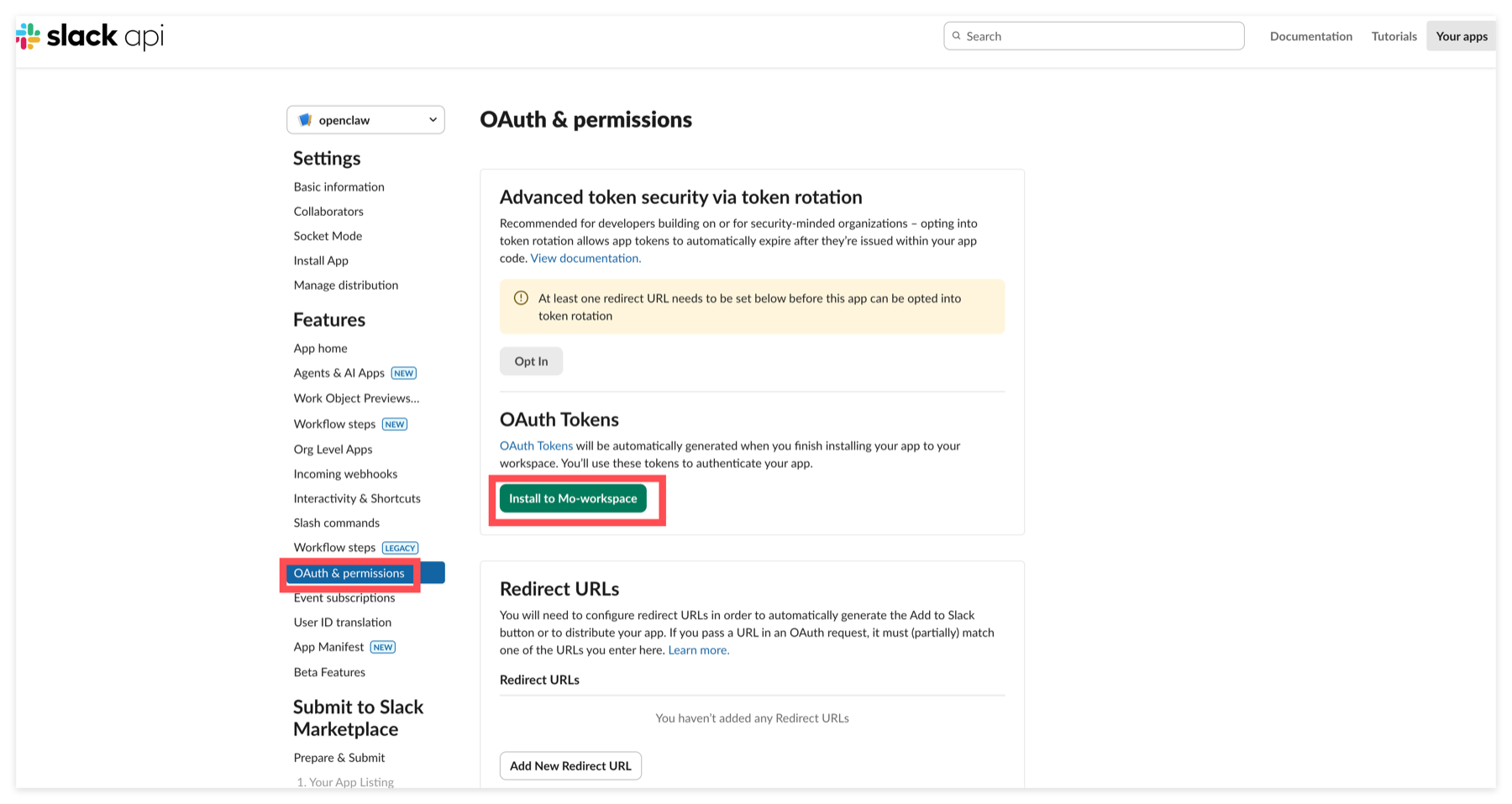 Install the Slack app to the workspace