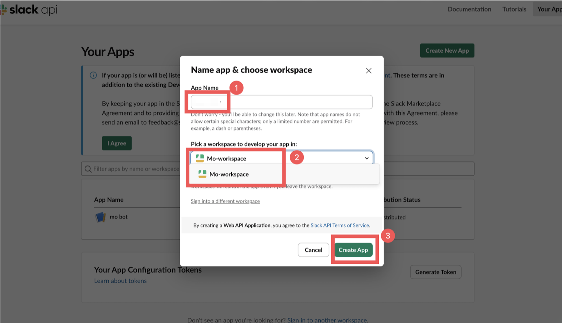 Name the Slack app and select a workspace