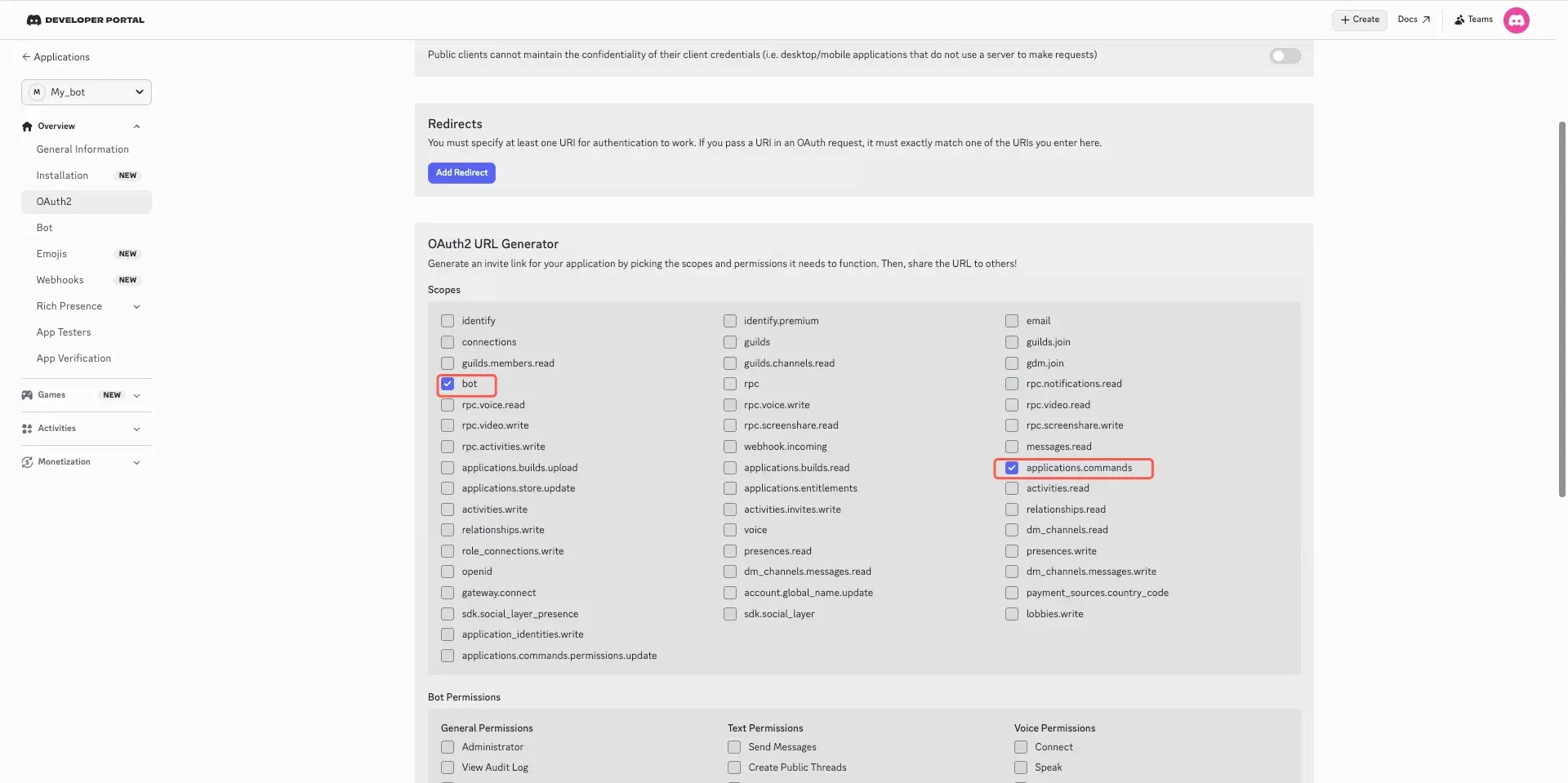 Discord Bot permission configuration