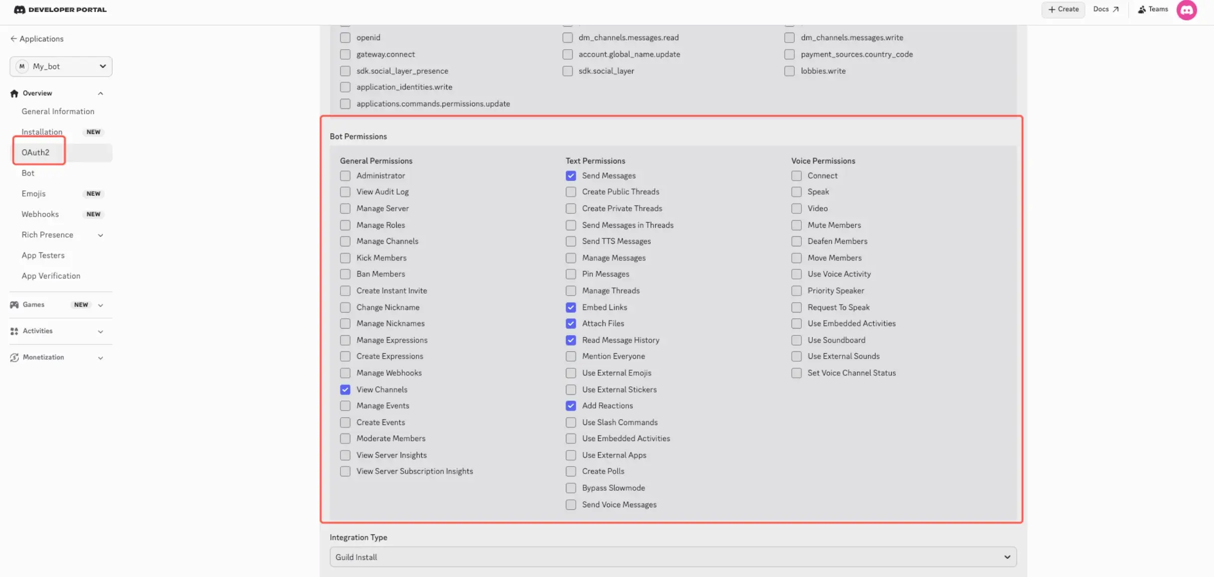 Discord bot permissions in the Developer Portal