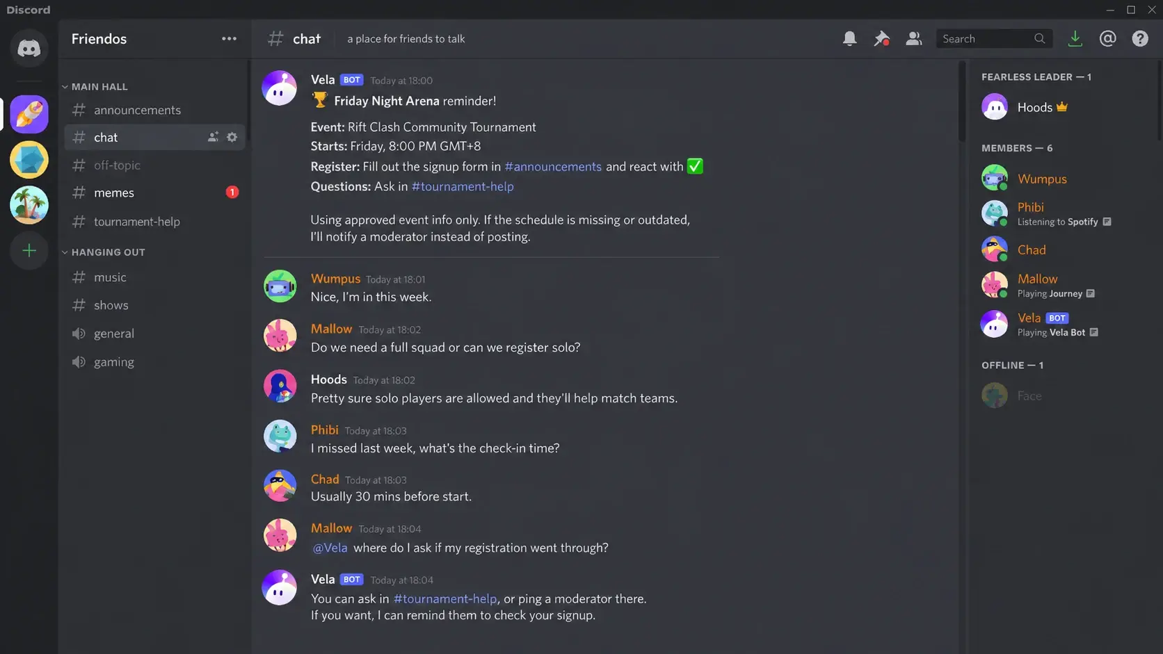 A Discord bot sending a tournament reminder