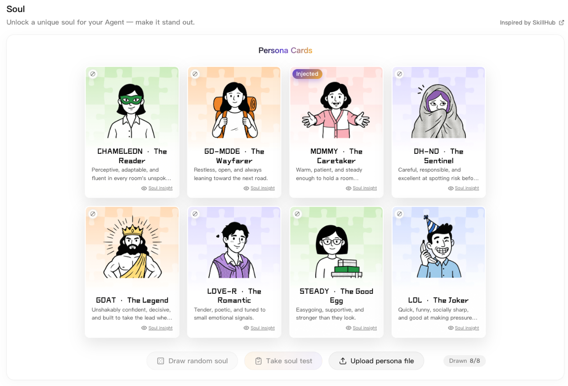 Soul personality cards in the LightVela console