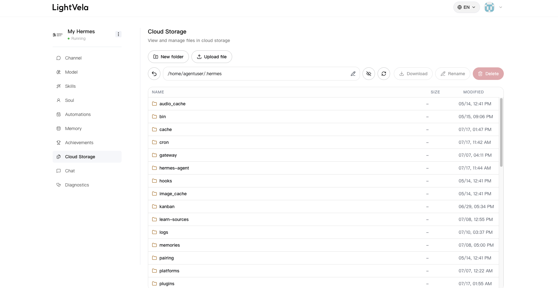 La lista de archivos de Almacenamiento en la nube en la consola de LightVela