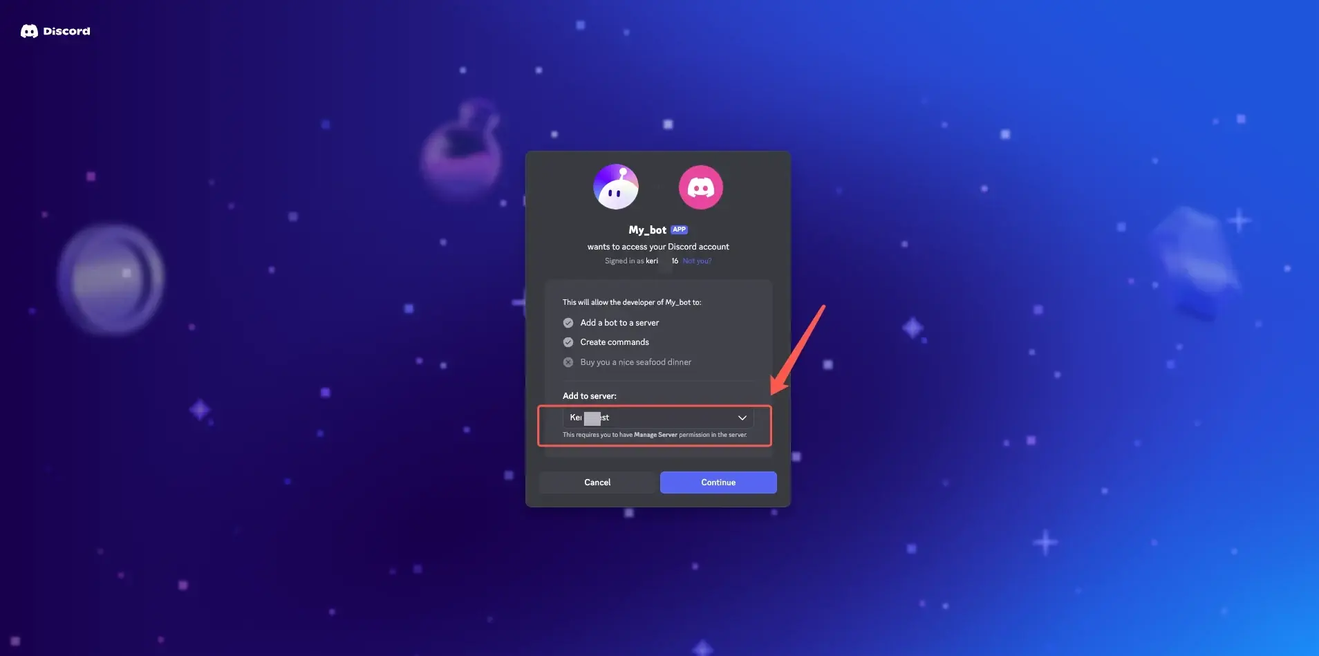 Invitación de bot de Discord y selección de servidor