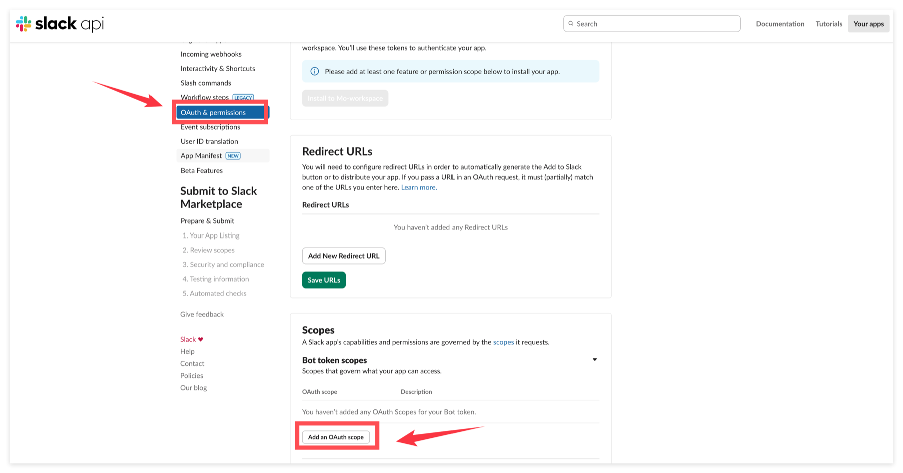 Agregar un alcance de bot en OAuth y permisos