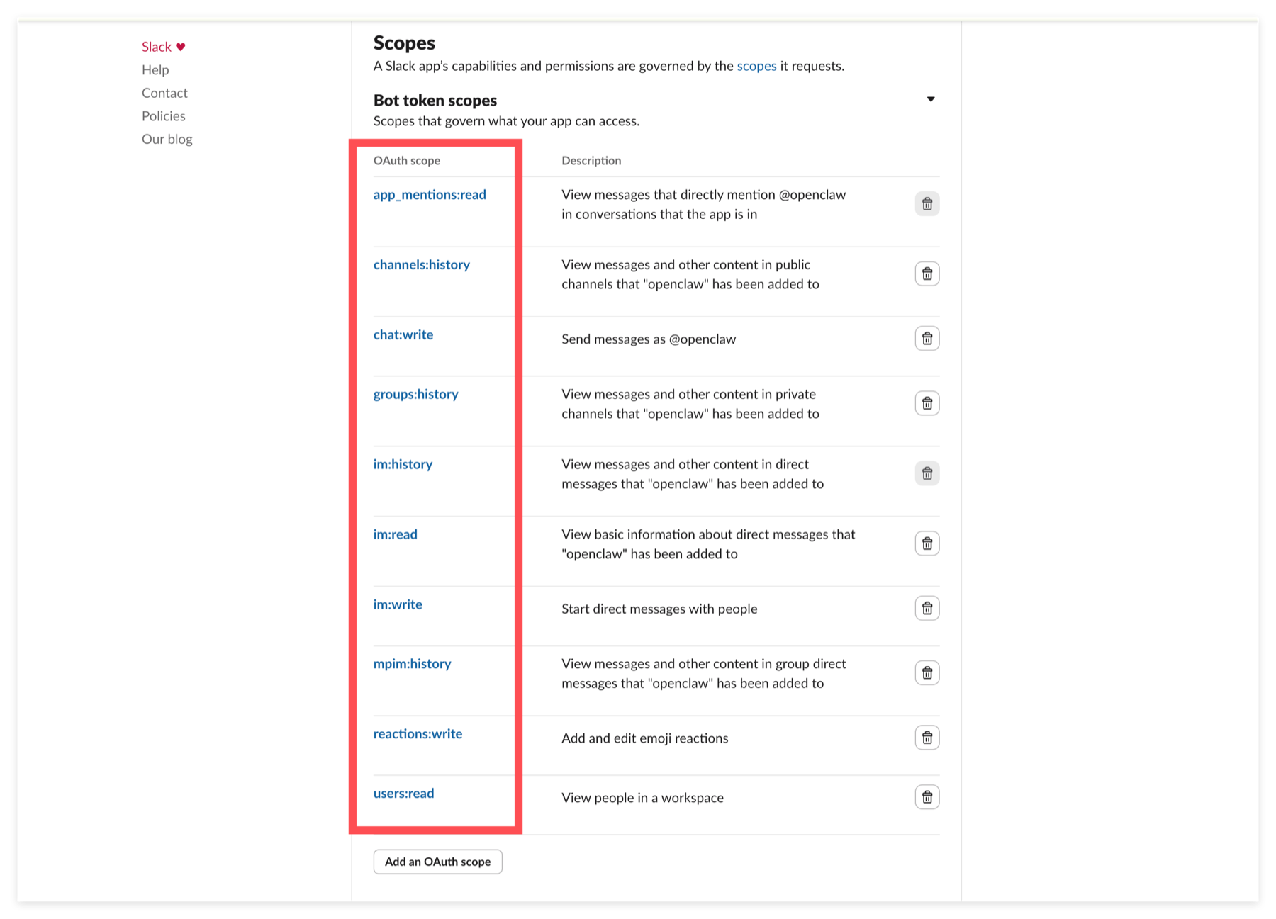 Revisar los alcances de Token de Bot de Slack