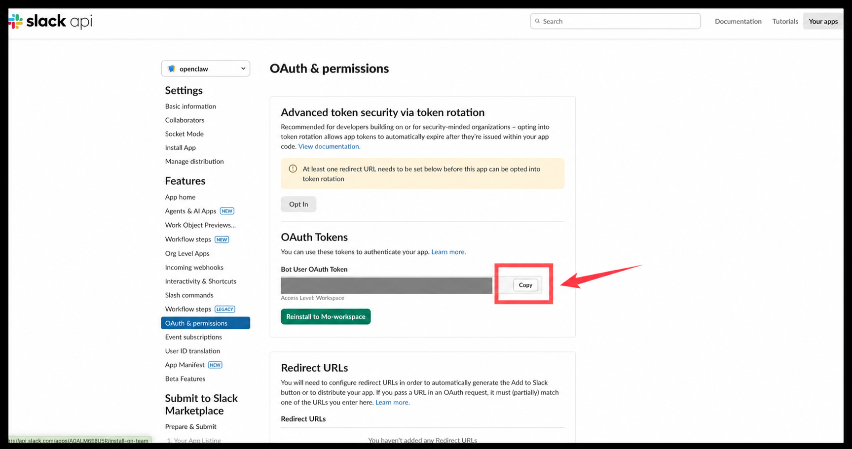 Copiar el Token OAuth de Usuario de Bot de Slack