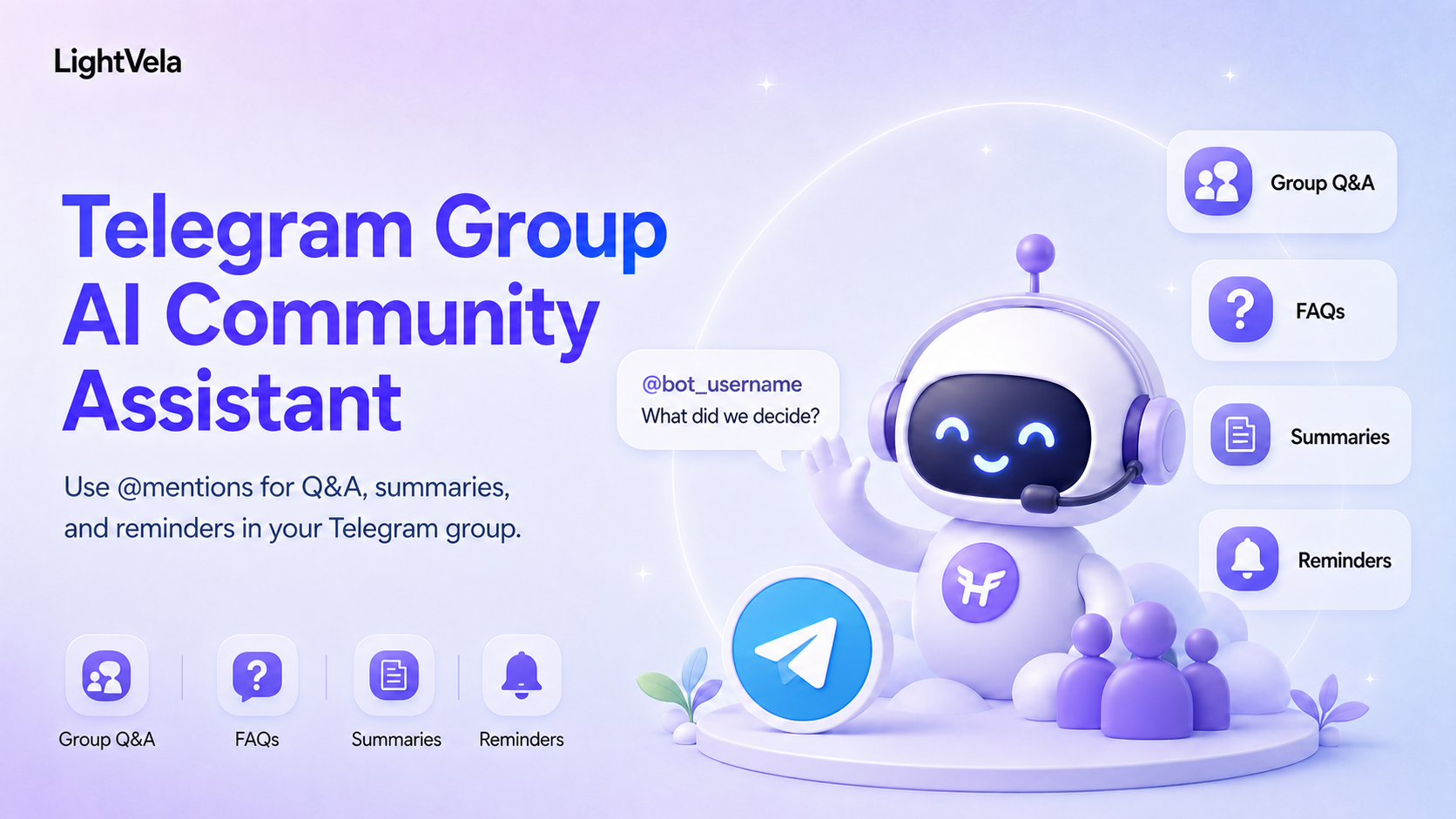 Un asistente de IA para comunidades en grupos de Telegram para preguntas y respuestas, resúmenes y recordatorios