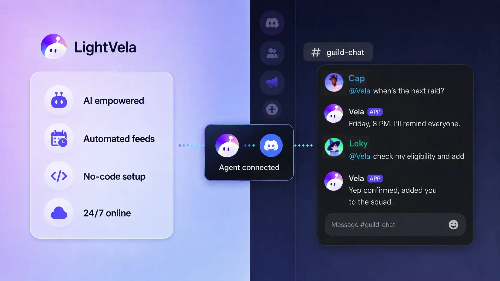 LightVela Agent conectado a una comunidad de Discord