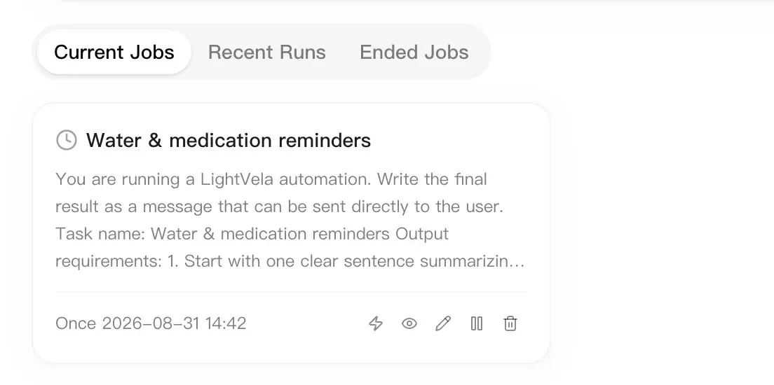 現在のタスクに表示された実行中の自動タスクカード