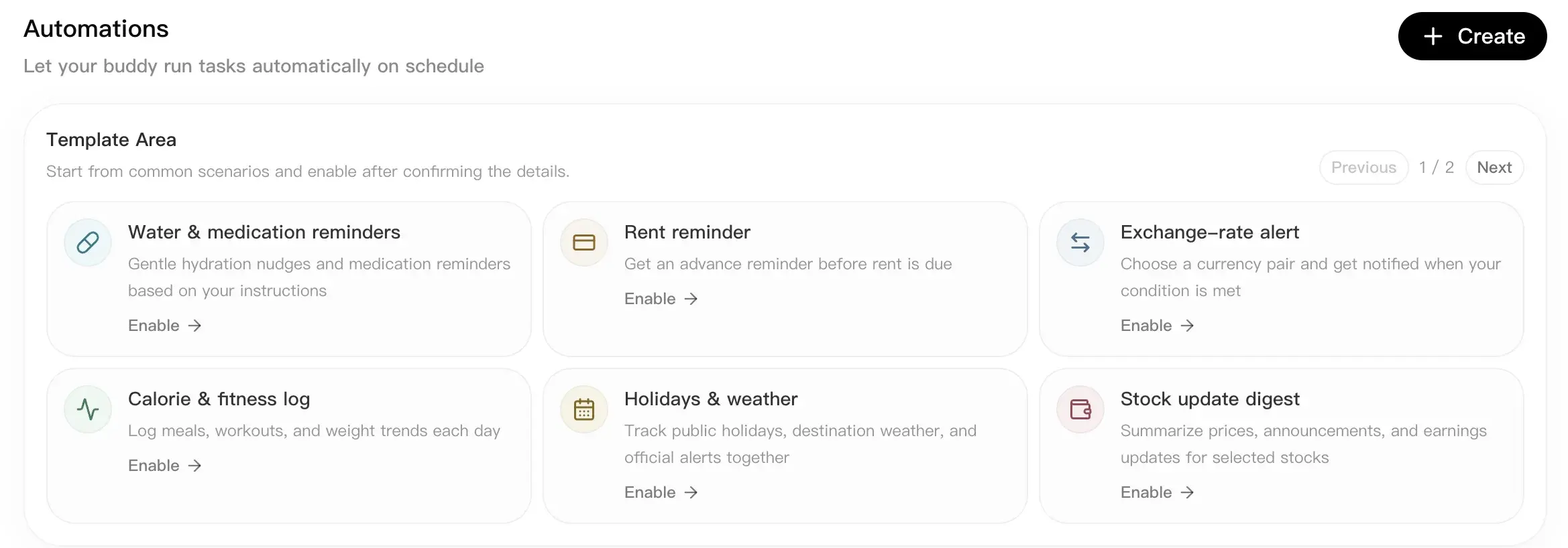 Template Area showing ready-made scheduled task cards