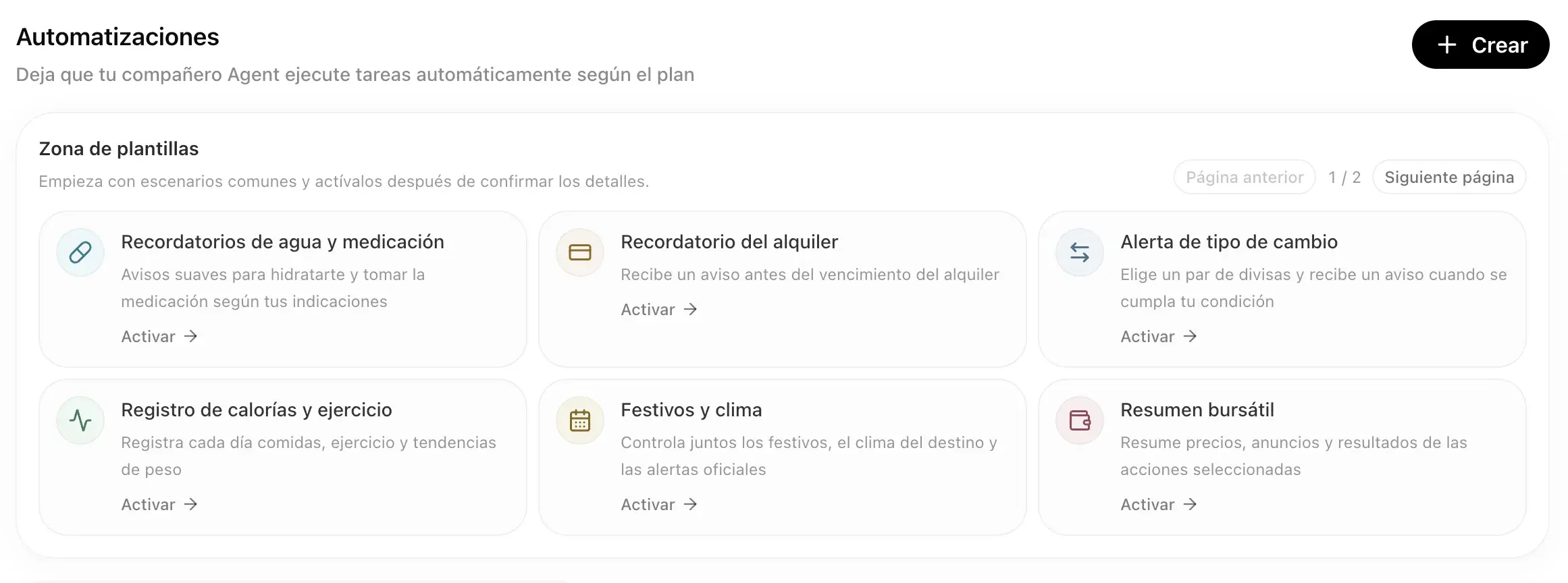 Área de plantillas con tarjetas de tareas programadas listas para usar
