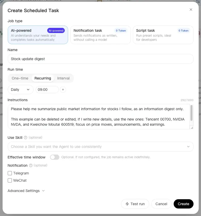 Stock update digest template opened in the Create Job dialog