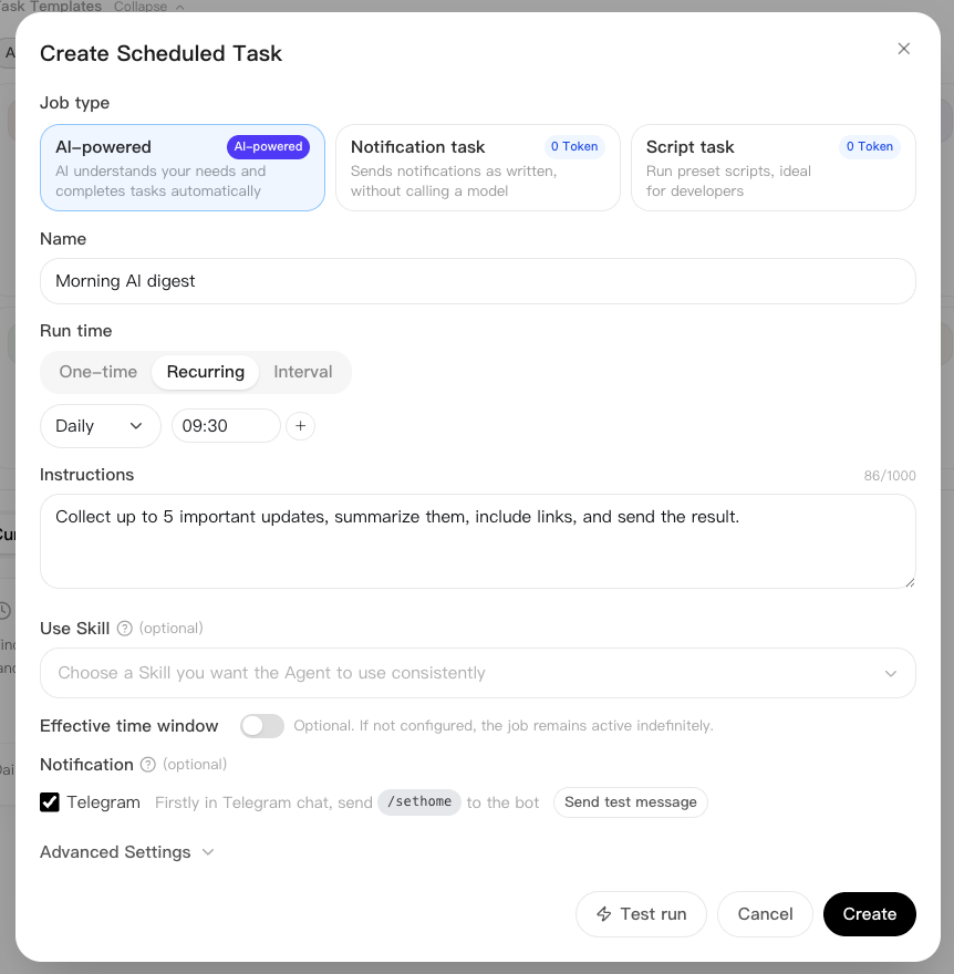 Create a recurring AI-powered scheduled task for a morning AI digest