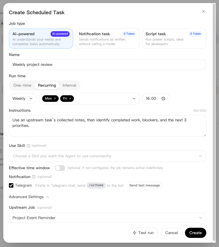 Create a weekly AI-powered scheduled task with an upstream task