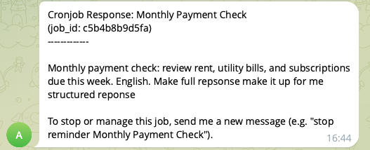A scheduled notification delivered directly in Telegram