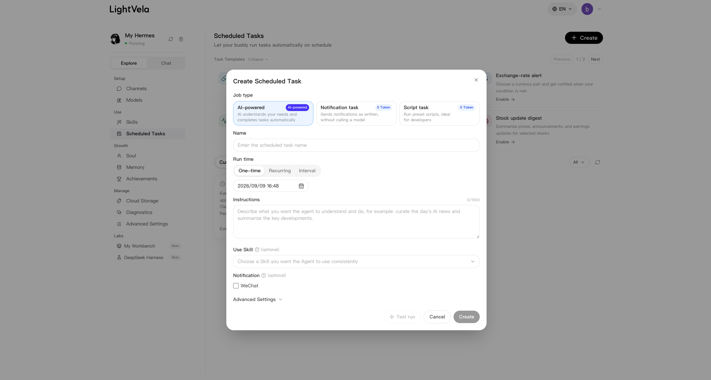 Create Scheduled Task dialog showing the Agent Task type