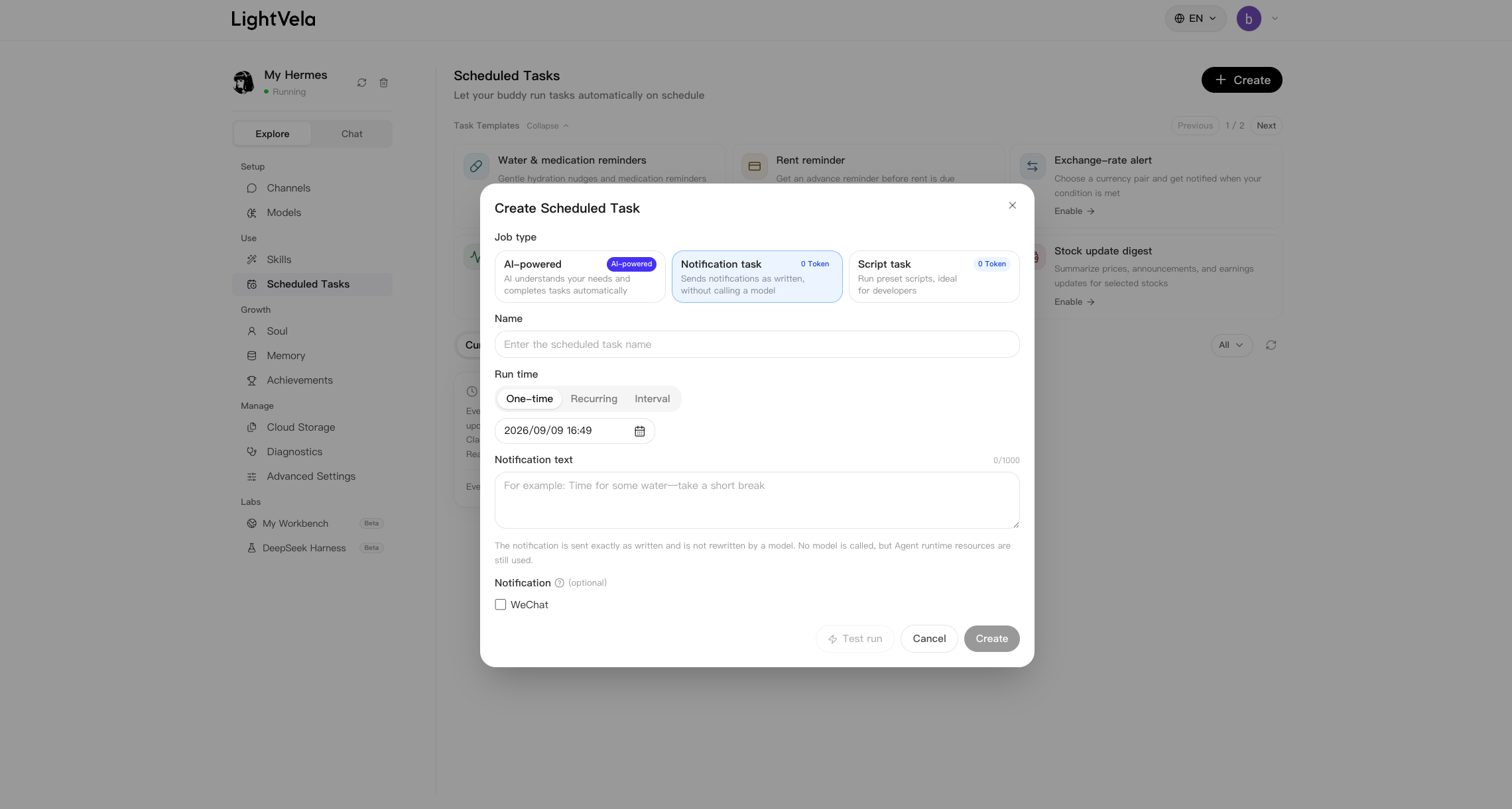 Create Scheduled Task dialog showing the Notification Task type
