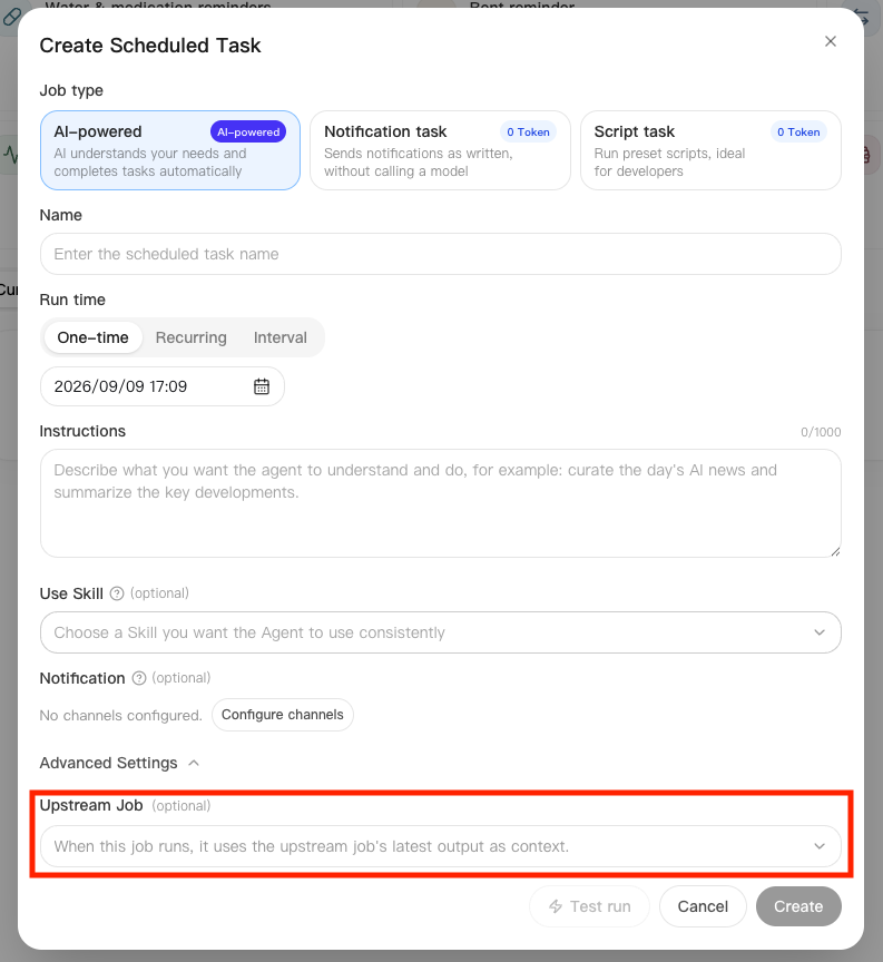 Create Scheduled Task dialog showing the upstream task option