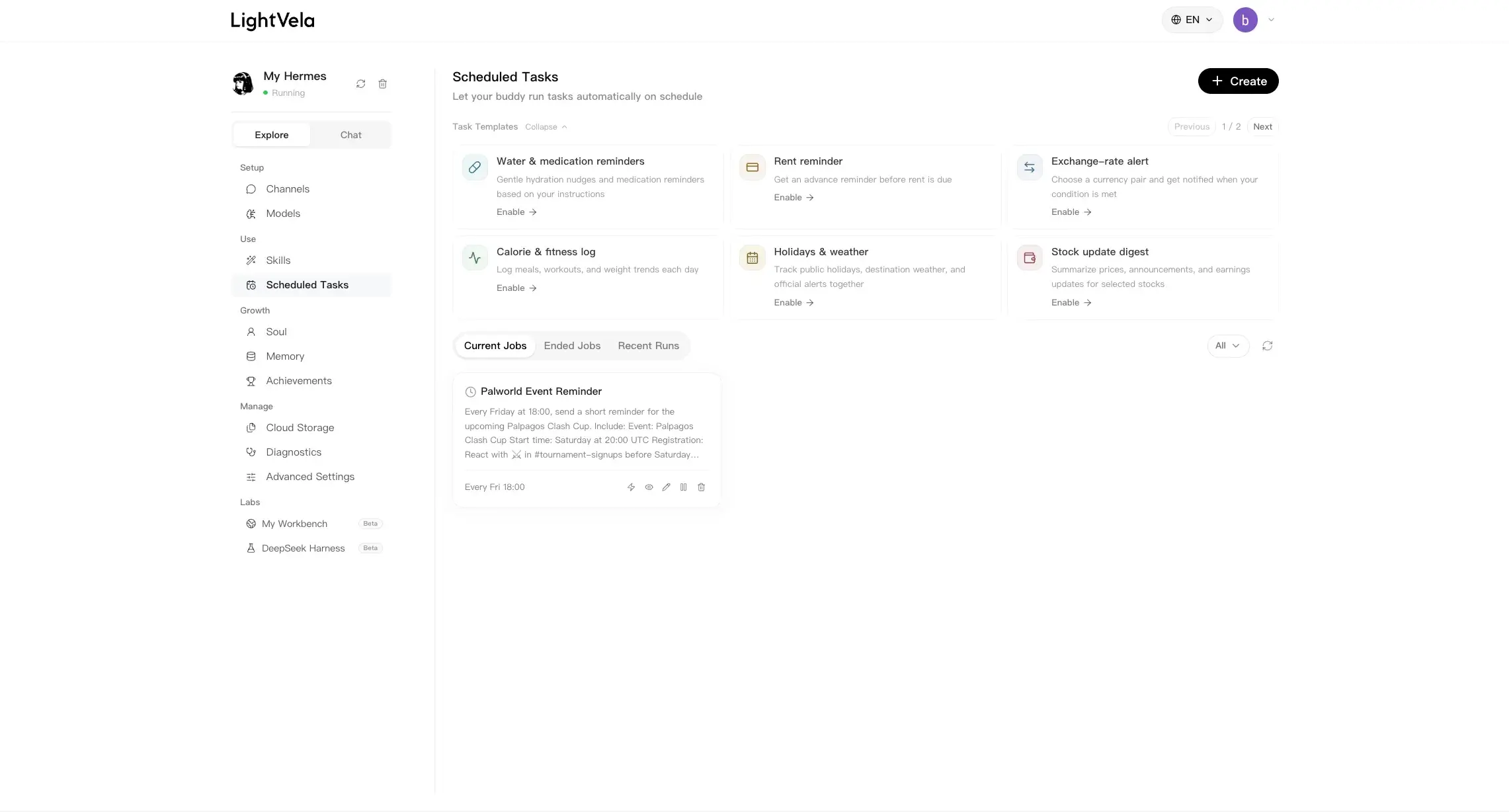 Scheduled Tasks page showing task templates and current jobs