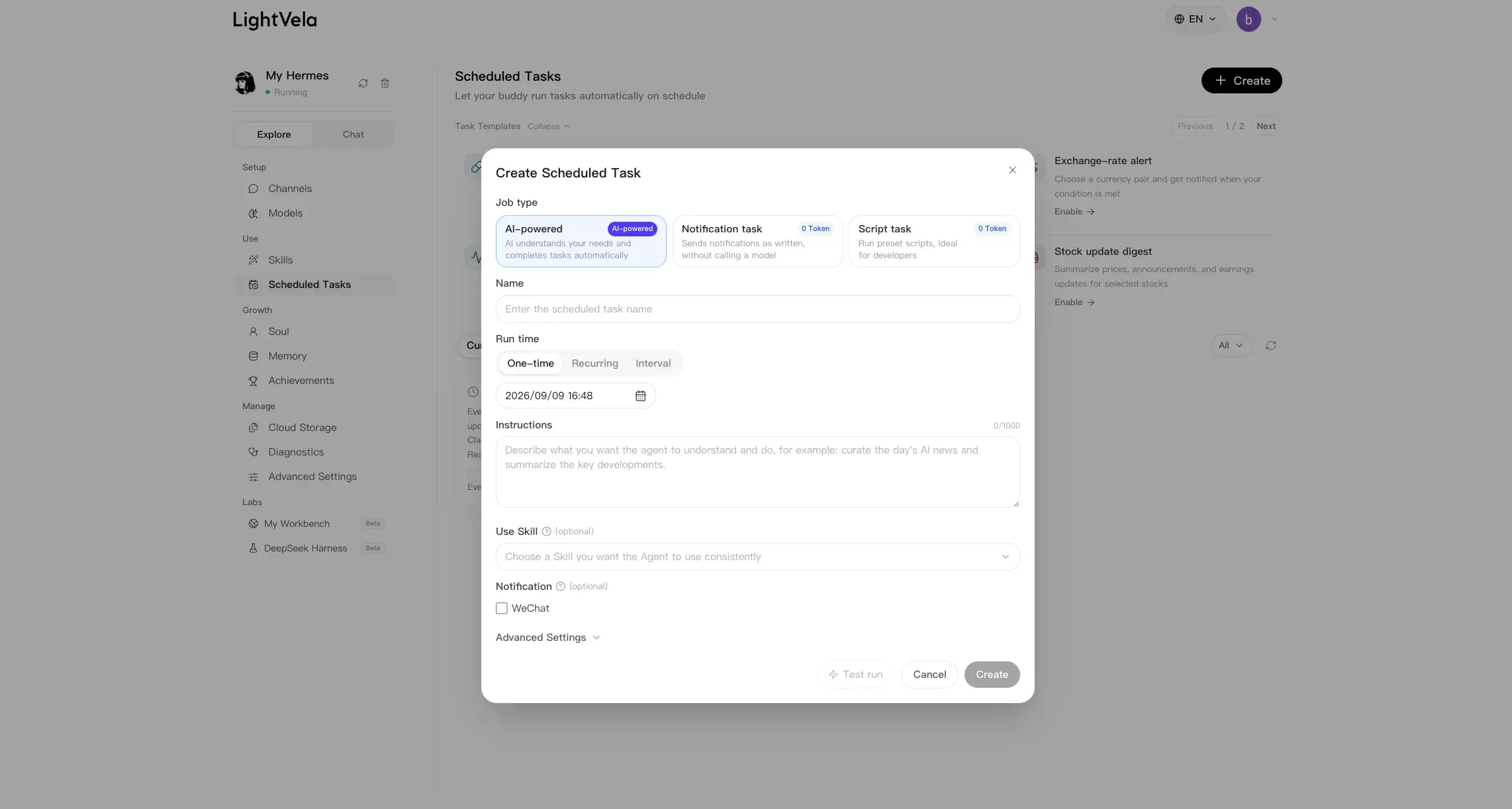 Create Scheduled Task dialog showing the Agent Task type