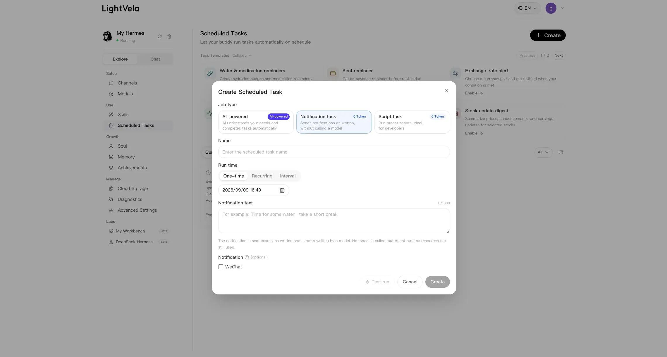 Create Scheduled Task dialog showing the Notification Task type
