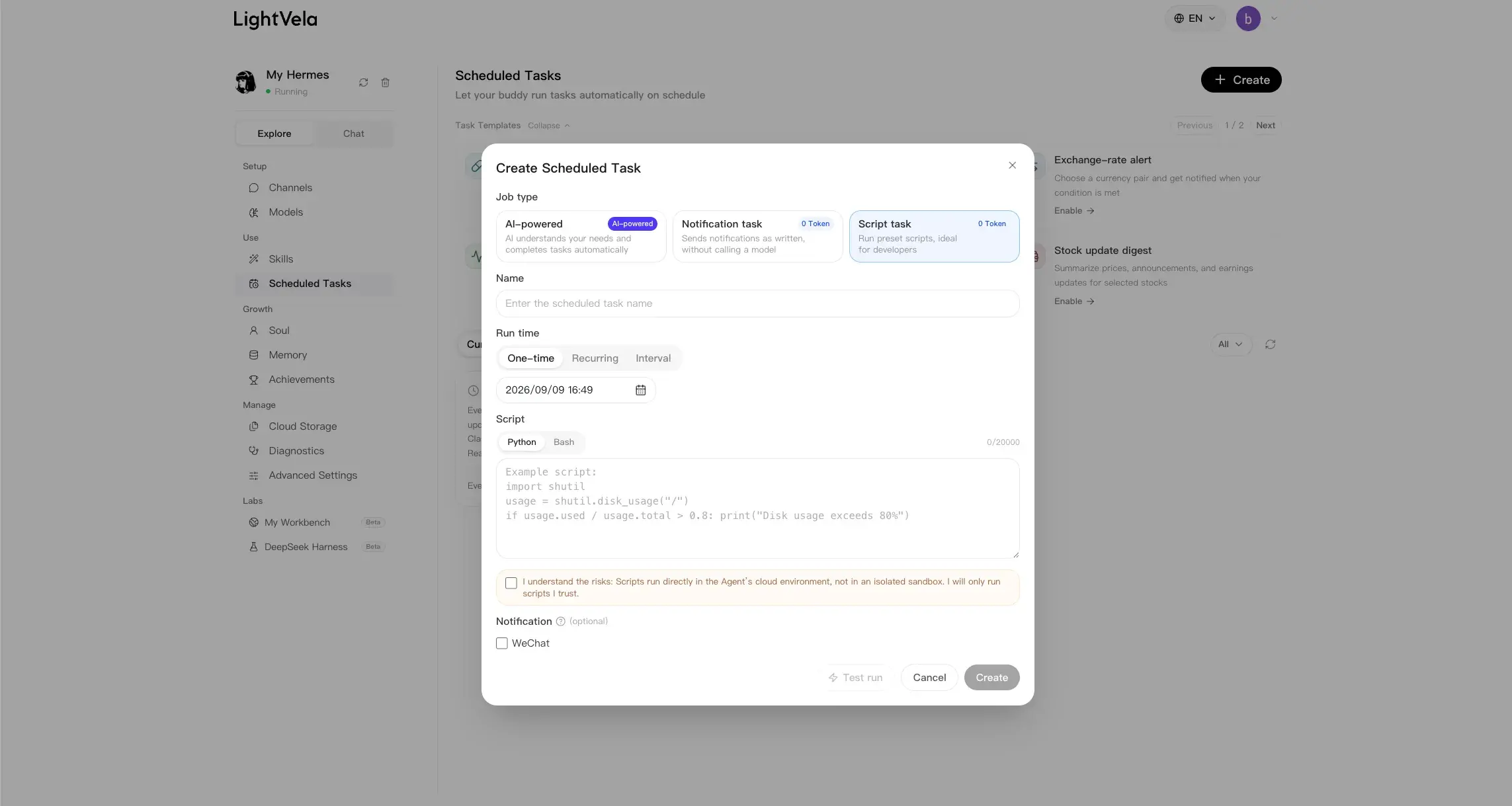 Create Scheduled Task dialog showing the Script Task type