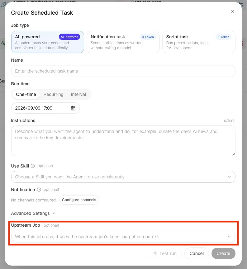 Create Scheduled Task dialog showing the upstream task option