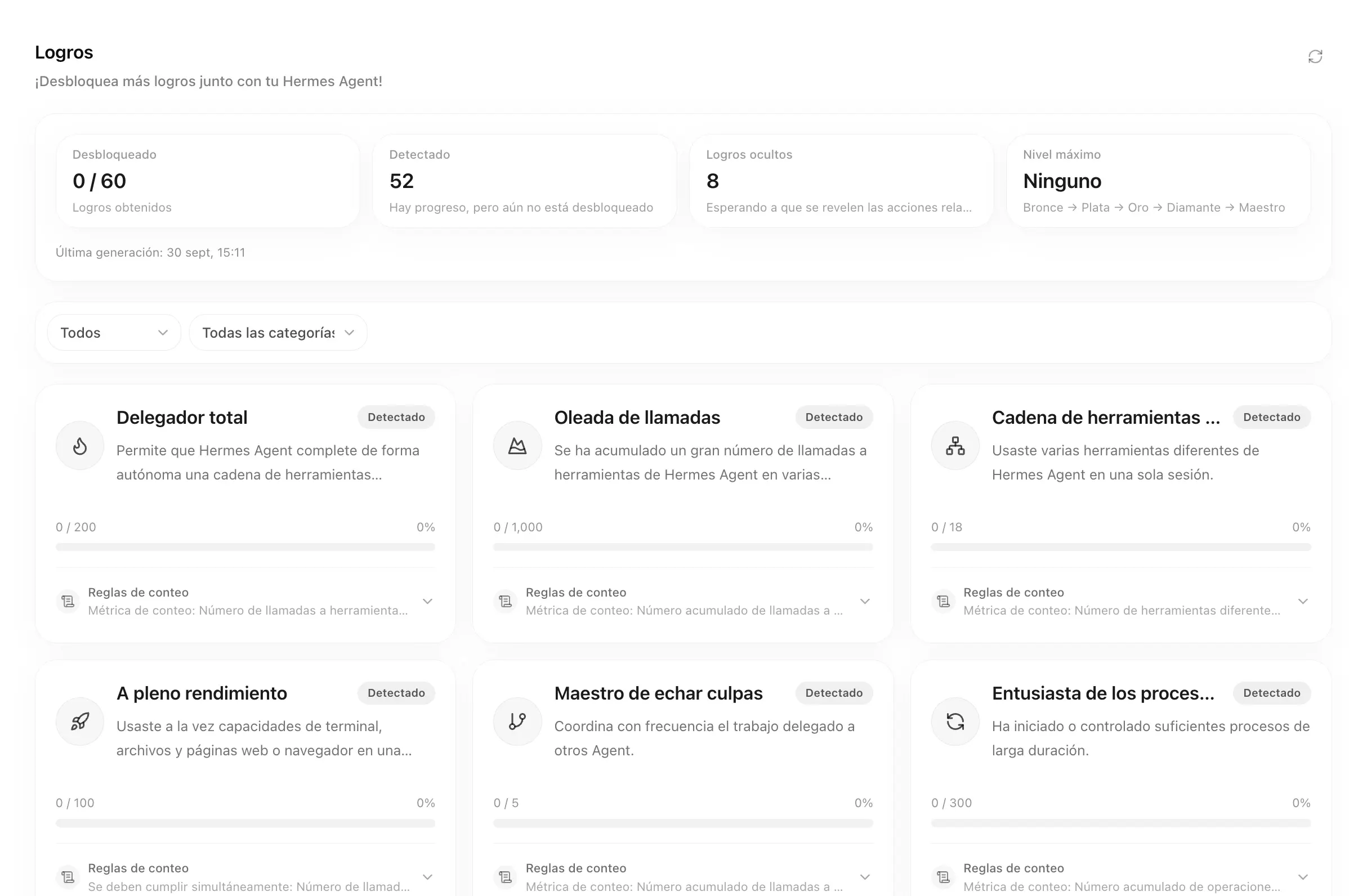 Página Achievements con tarjetas de estadísticas, filtros de estado, filtros de categoría y tarjetas de achievements