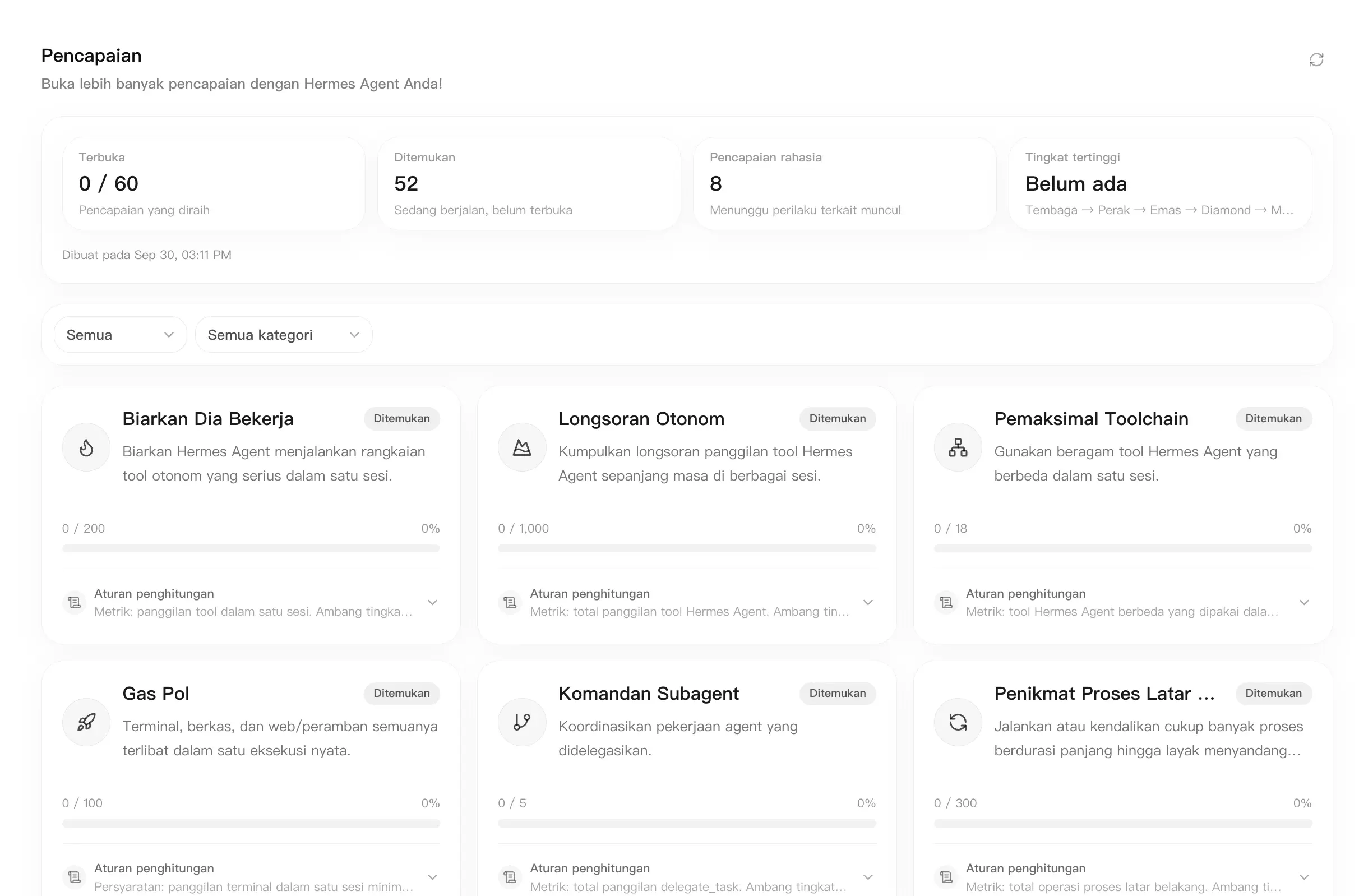 Halaman Achievement yang menampilkan kartu statistik, filter status, filter kategori, dan kartu achievement