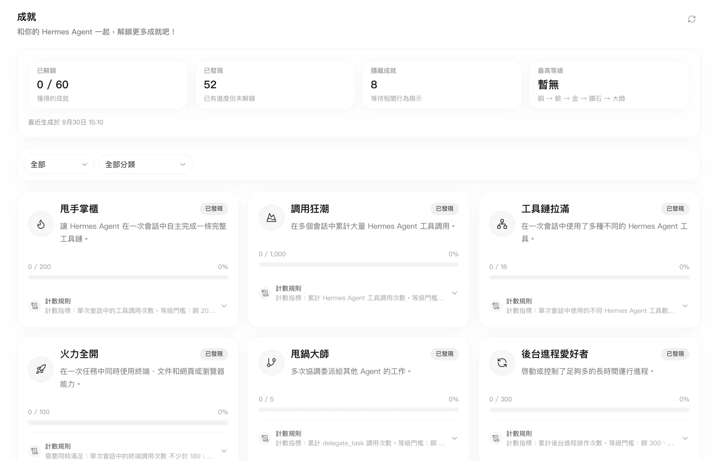 成就頁展示統計卡片、狀態篩選、分類篩選和成就卡片列表