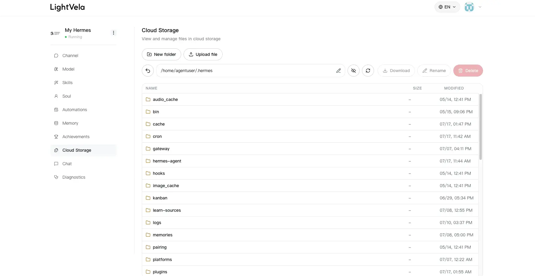 Daftar file Cloud Storage di konsol LightVela
