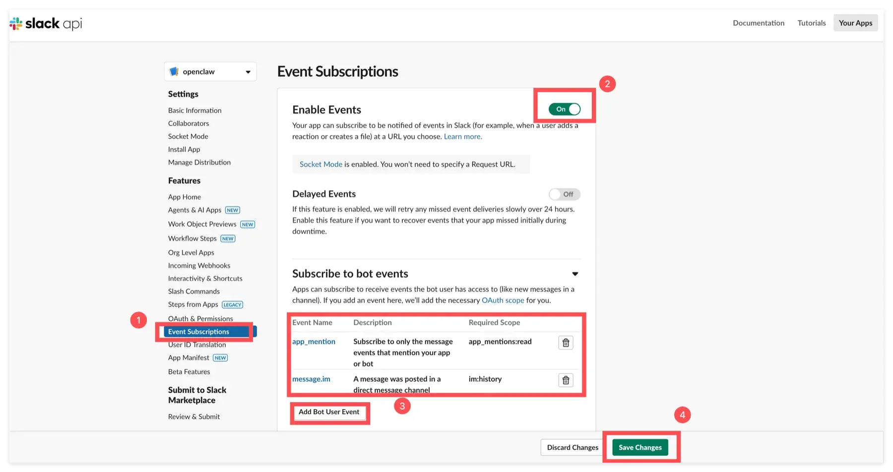 Konfigurasikan langganan acara bot Slack