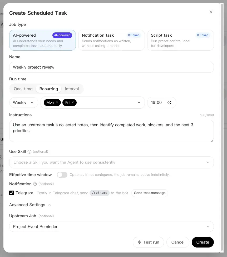 Create a weekly AI-powered scheduled task with an upstream task