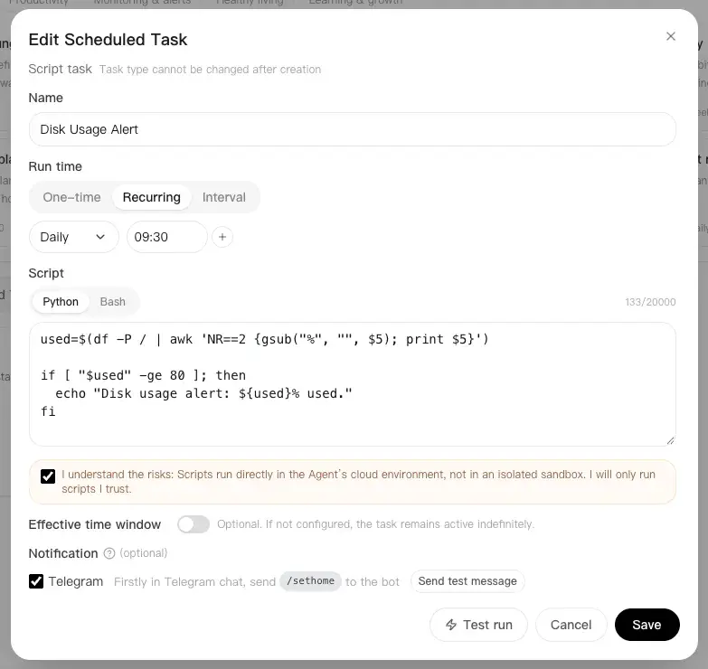 Create a recurring script task for a disk usage alert