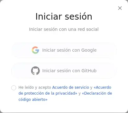 Diálogo de inicio de sesión de LightVela con Google y GitHub