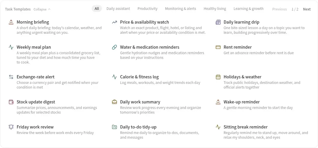 Official task templates in the LightVela Scheduled Tasks page