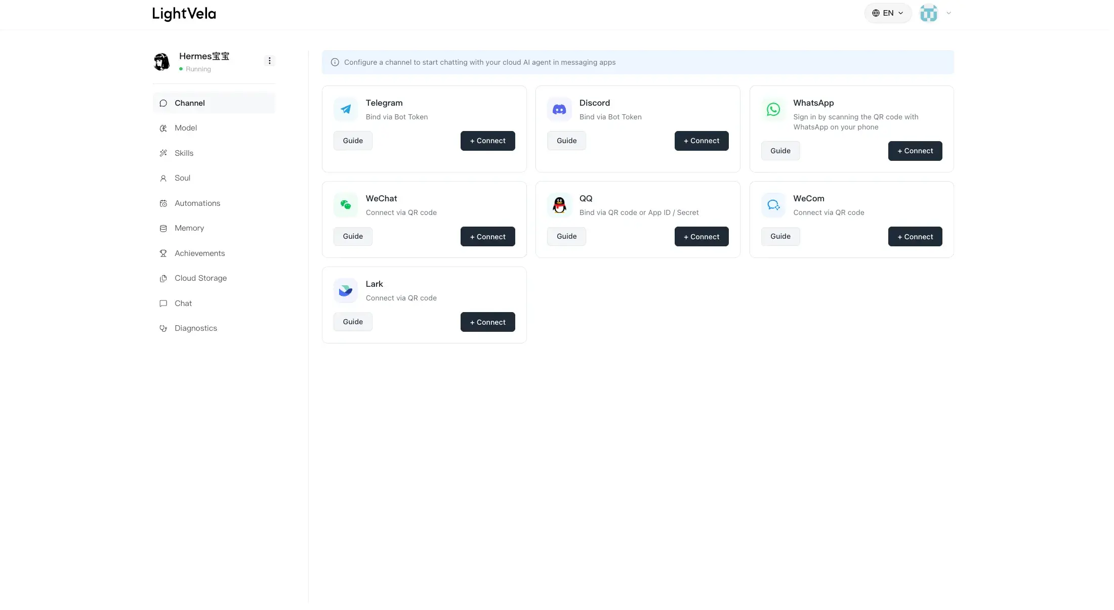 A running Hermes Agent with connected channels