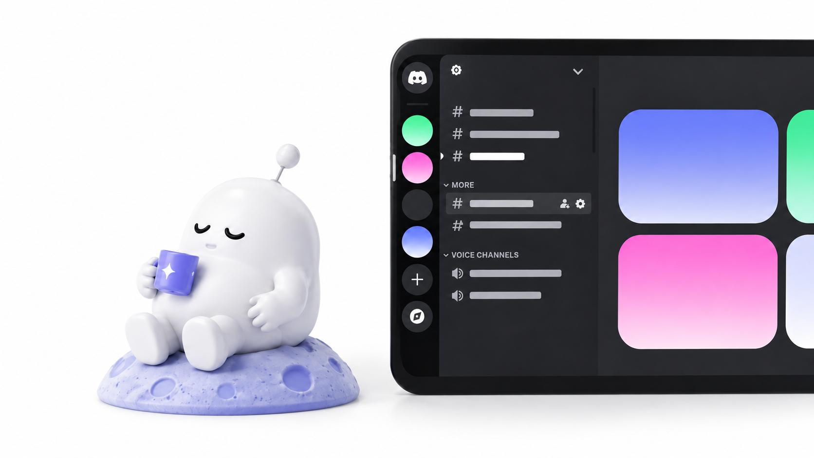 A LightVela agent relaxing beside a Discord workspace illustration