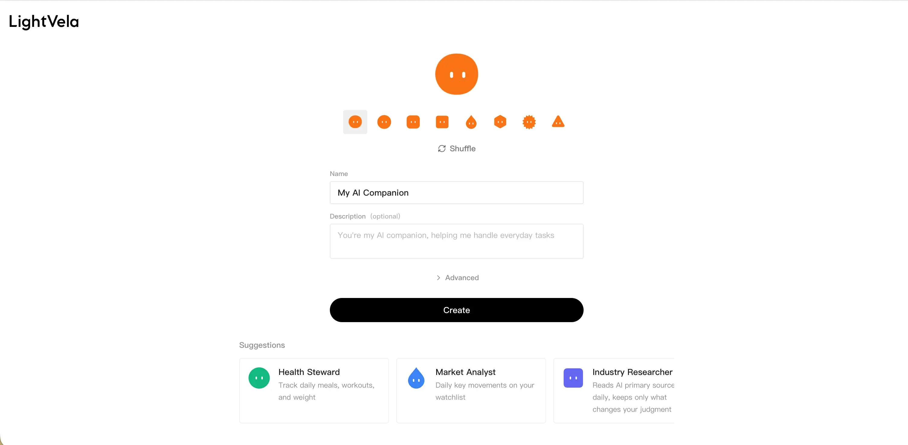 LightVela agent creation screen with suggested Bot templates
