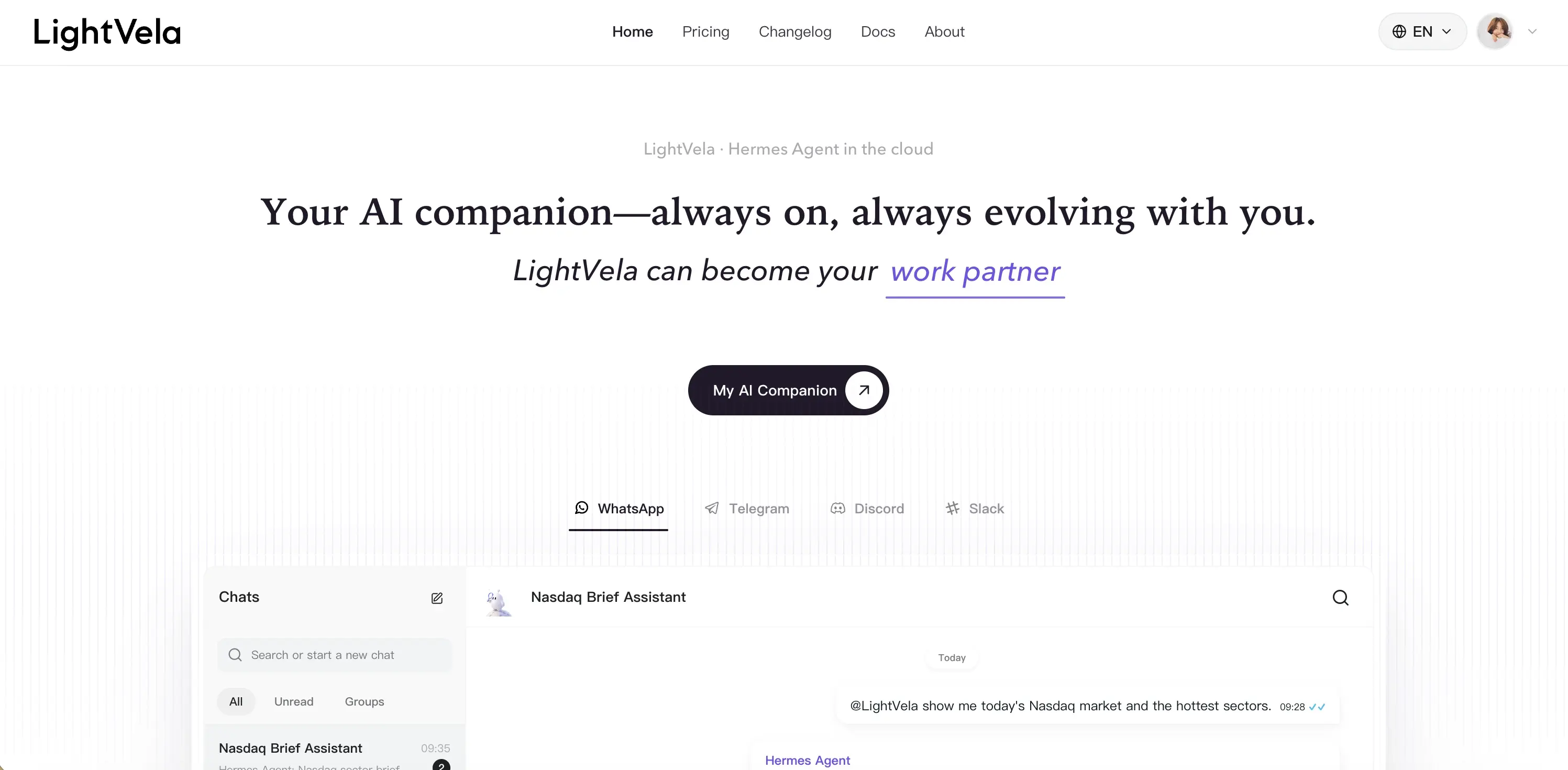LightVela homepage showing its always-on AI companion and messaging channels