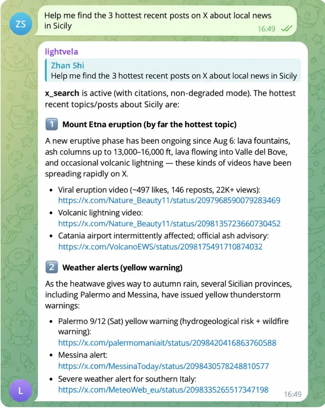 LightVela responding in Telegram with recent local news about Sicily