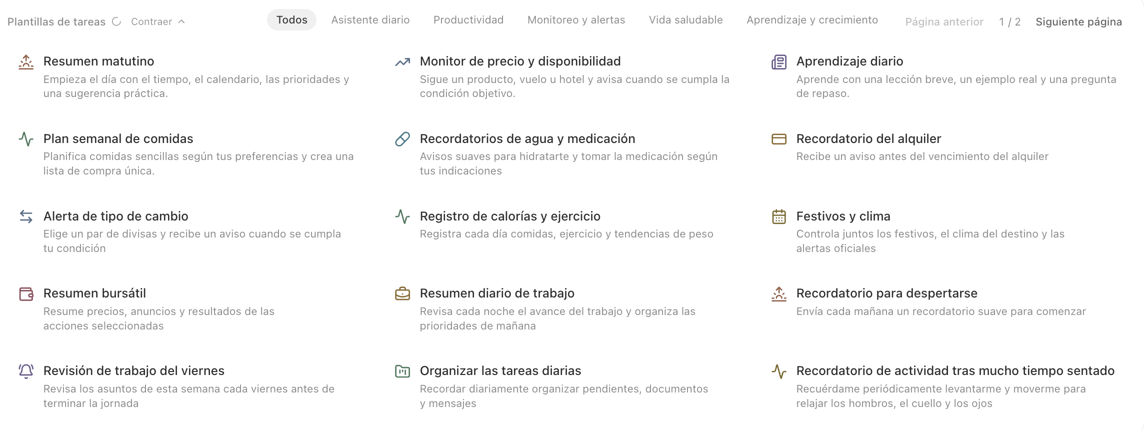 Área de plantillas de tarea programada