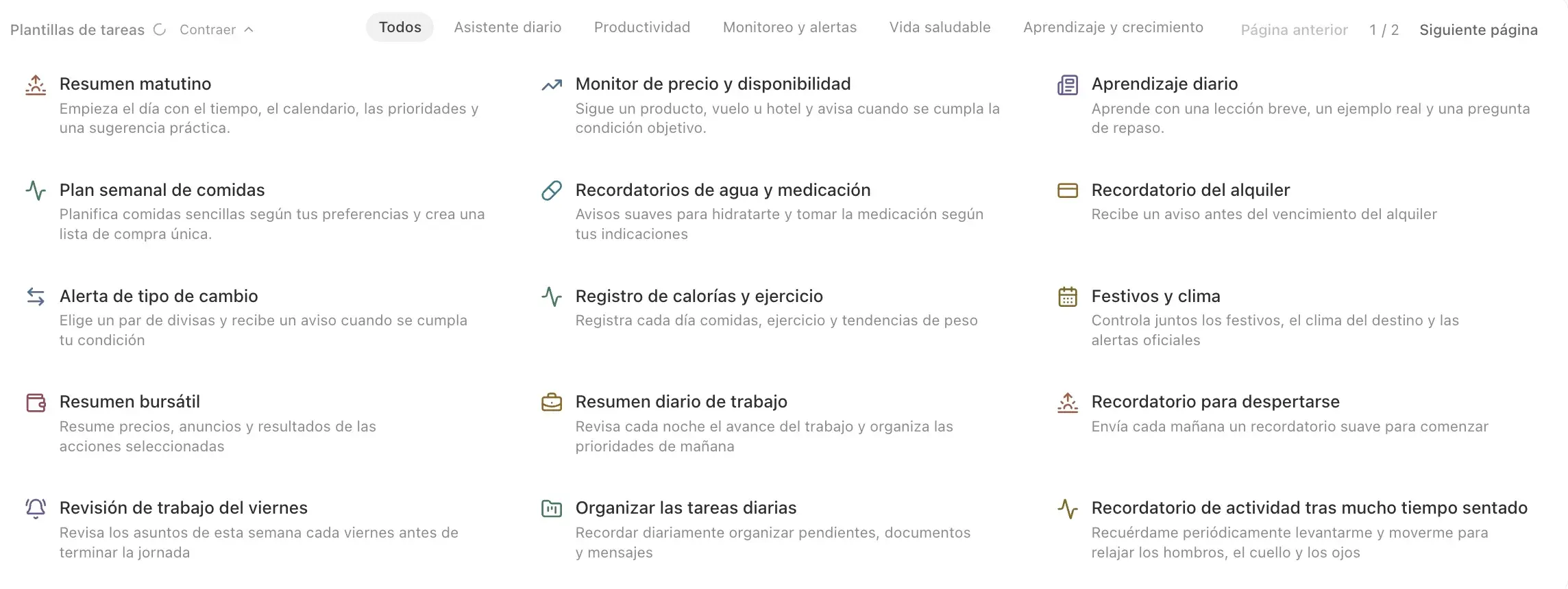 Área de plantillas de tarea programada